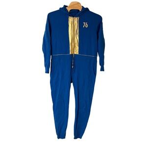 Bethesda Fallout 76 Vault Suit Adult One Piece Blue Gold Zip Up Hooded Jumpsuit